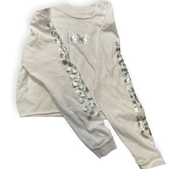 VANS Women’s White Long Sleeve Holographic Logo Cropped Tee Size Small - Picture 5 of 5